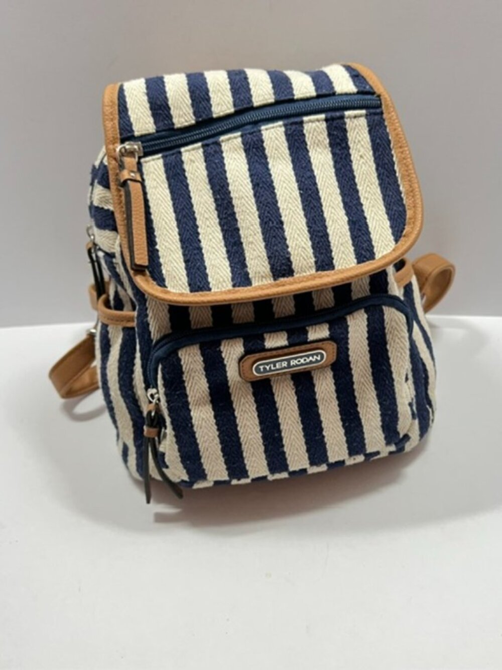 Tyler Rodan Compact Daypack Backpack Blue/Off-white Striped Canvas with Tan trim